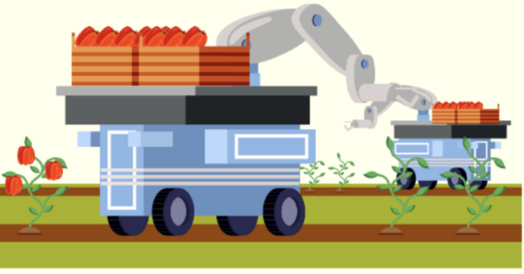 Harvesting machine illustration picking produce from a field